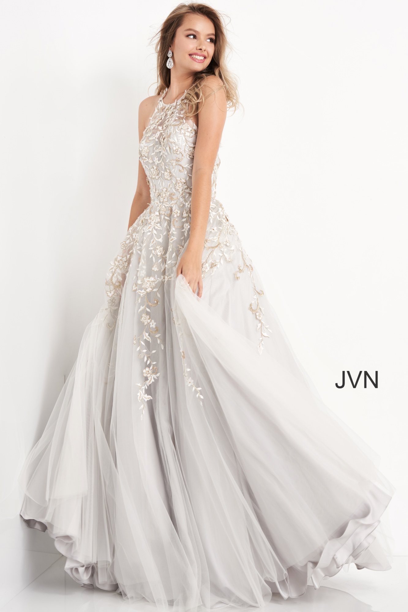 JVN4274 | Grey Long Crew Neck Sleeveless Prom Ballgown