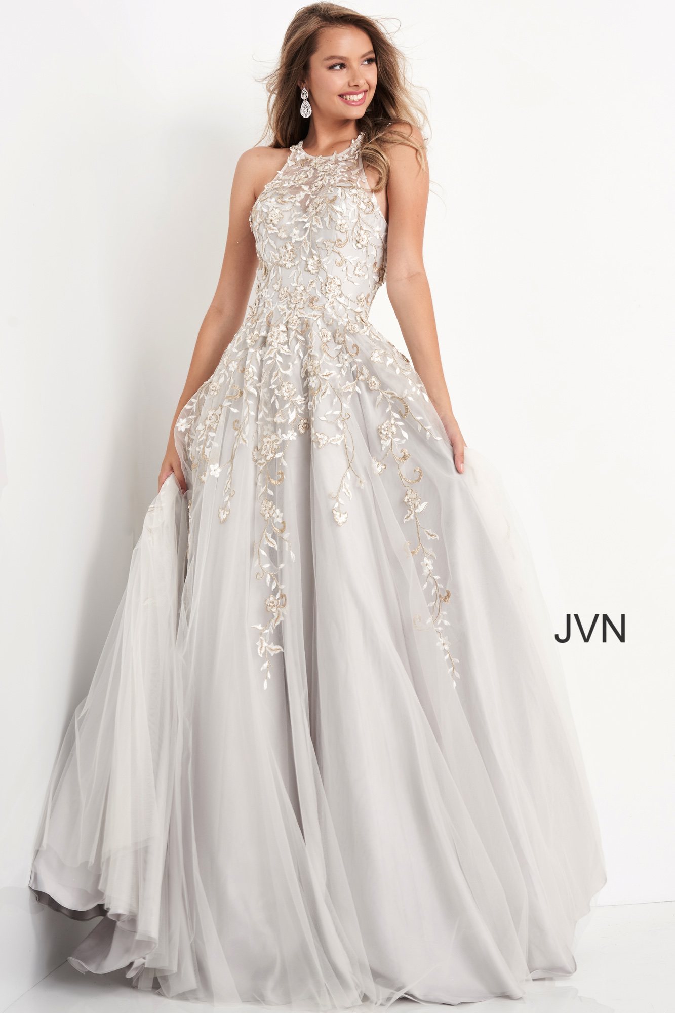 JVN4274 | Grey Long Crew Neck Sleeveless Prom Ballgown