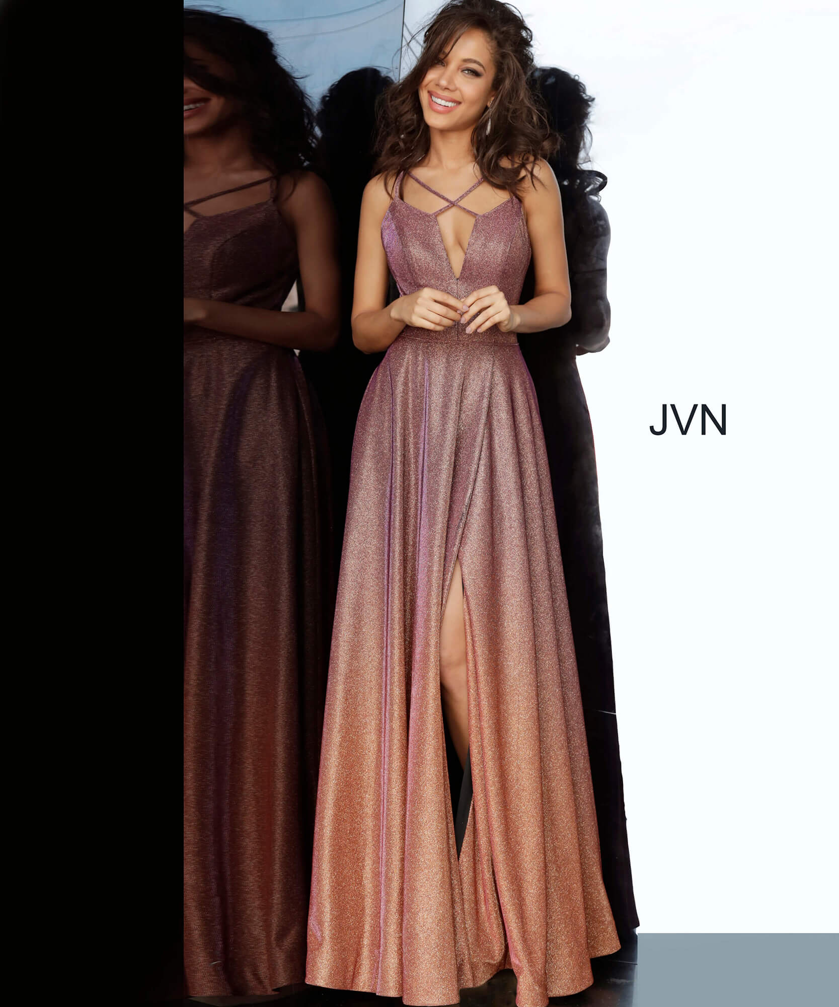 JVN Purple Gold Plunging Neckline Maxi 