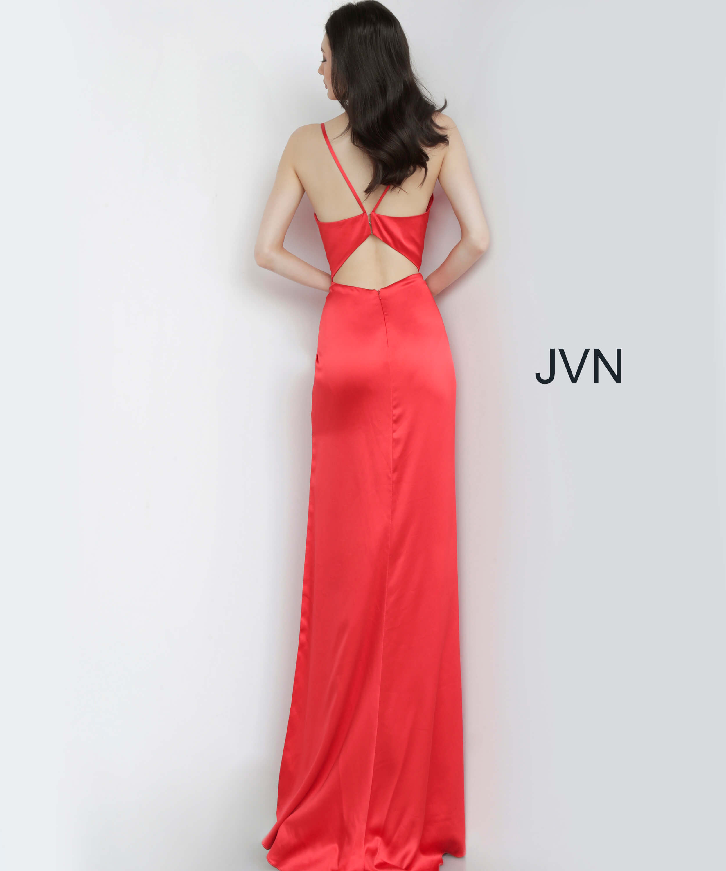 red cowl neck prom dress