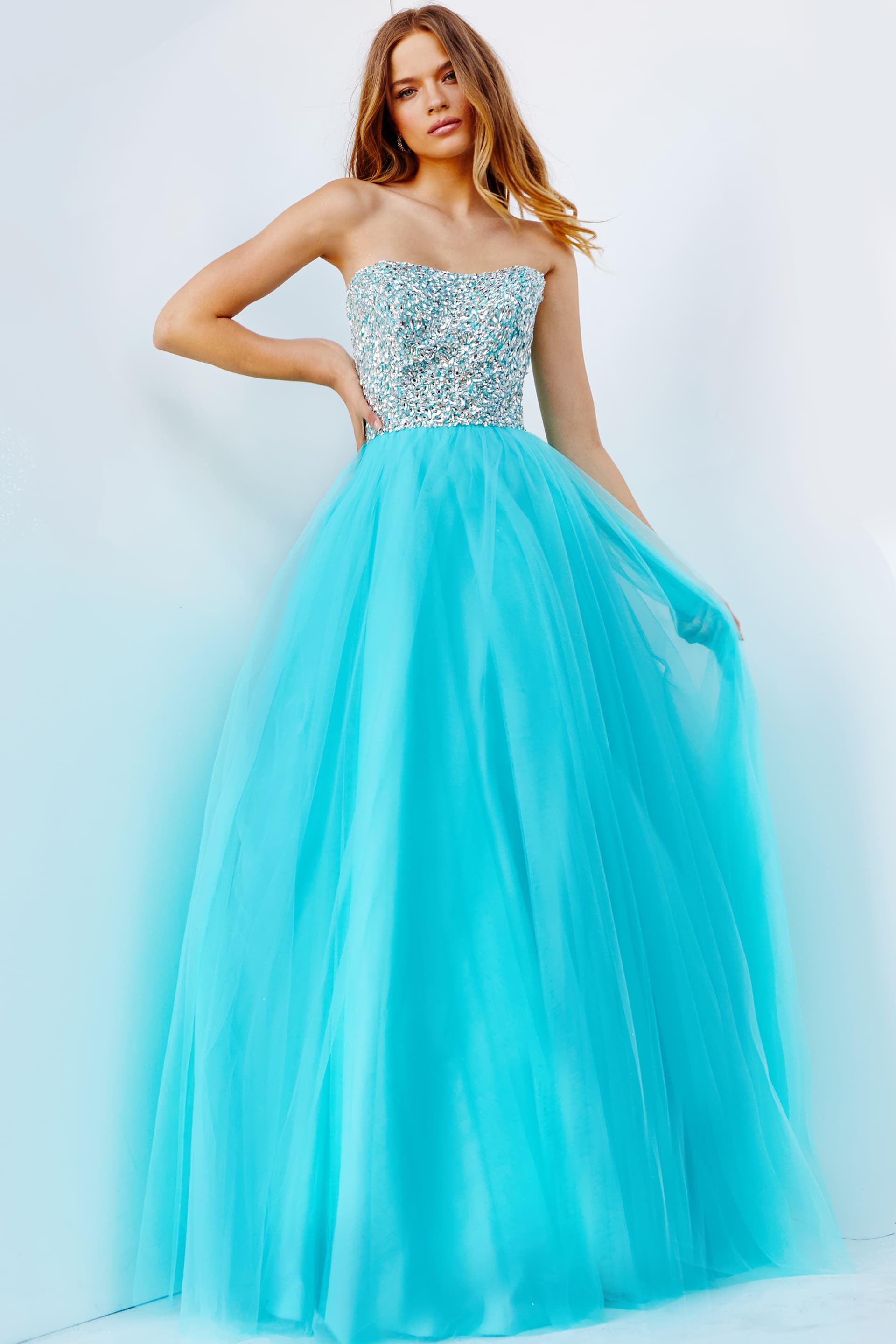 JVN52131 Dress | Blush Strapless Embellished Bodice A-Line Prom Ballgown