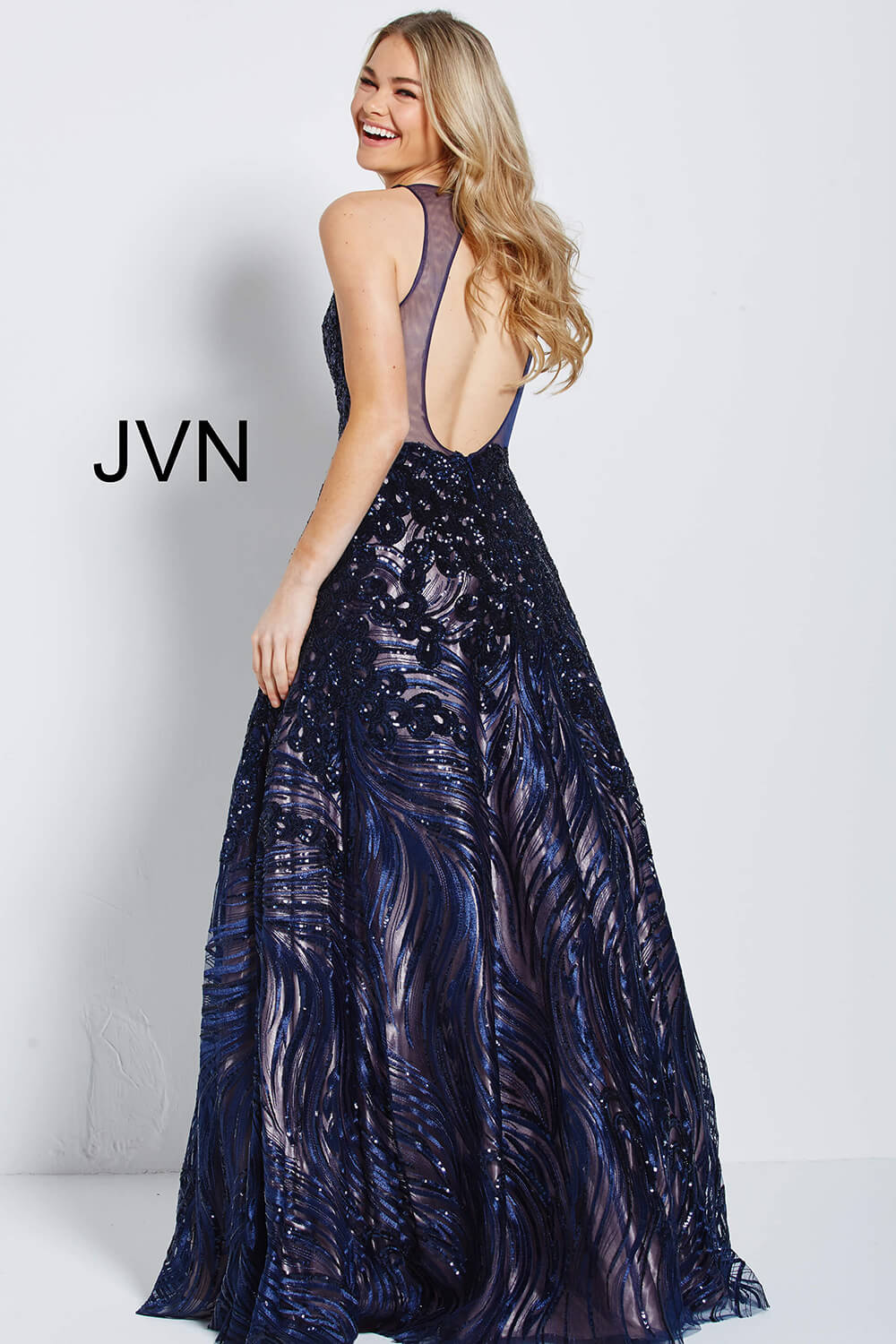 JVN60641 Dress Navy And Nude Embellished Long Prom Ballgown