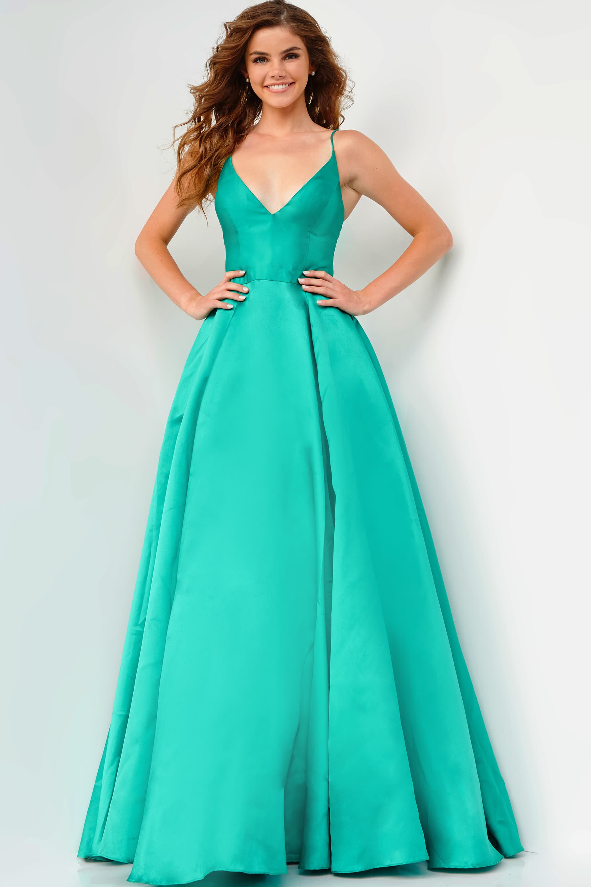 JVN66673 Dress | Emerald Satin A Line Spaghetti Straps Prom Dress