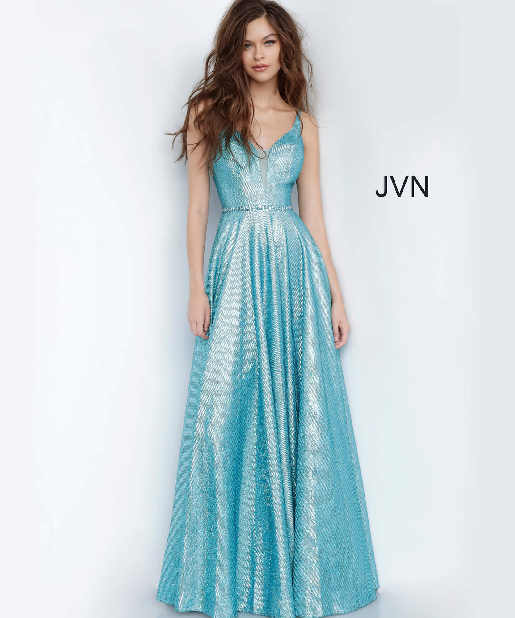 JVN67050 Dress | Metallic Silver Plunging Neck Embellished Belt Prom Dress