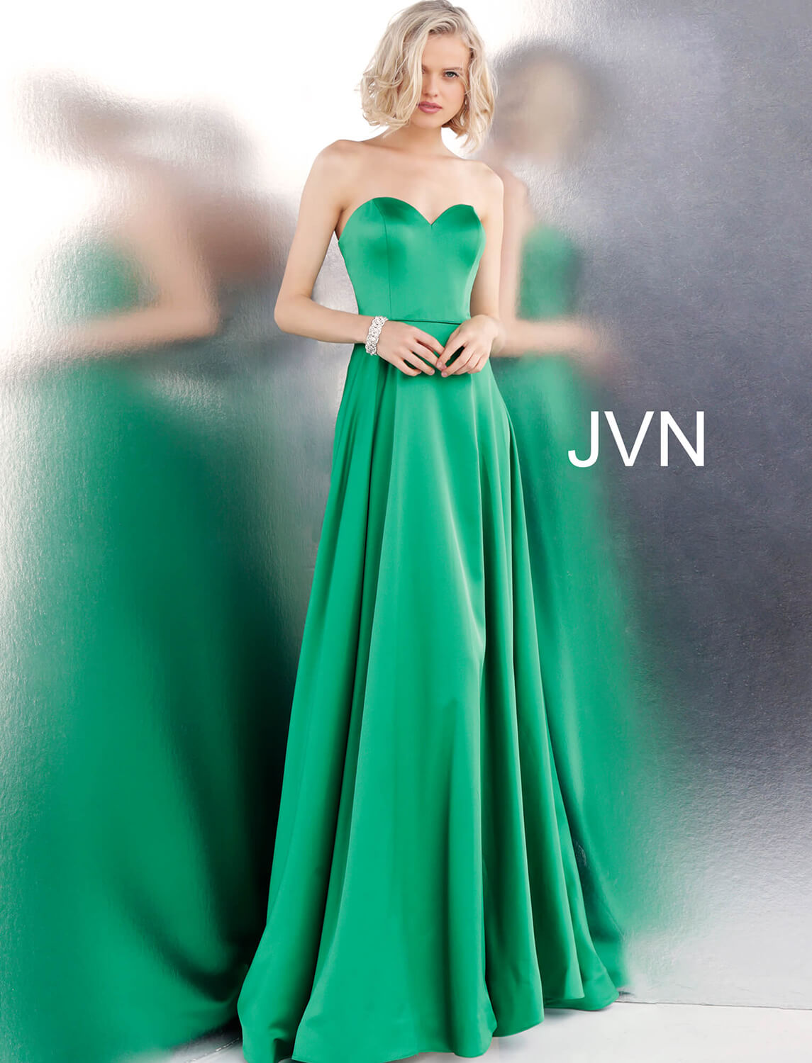 green strapless formal dress