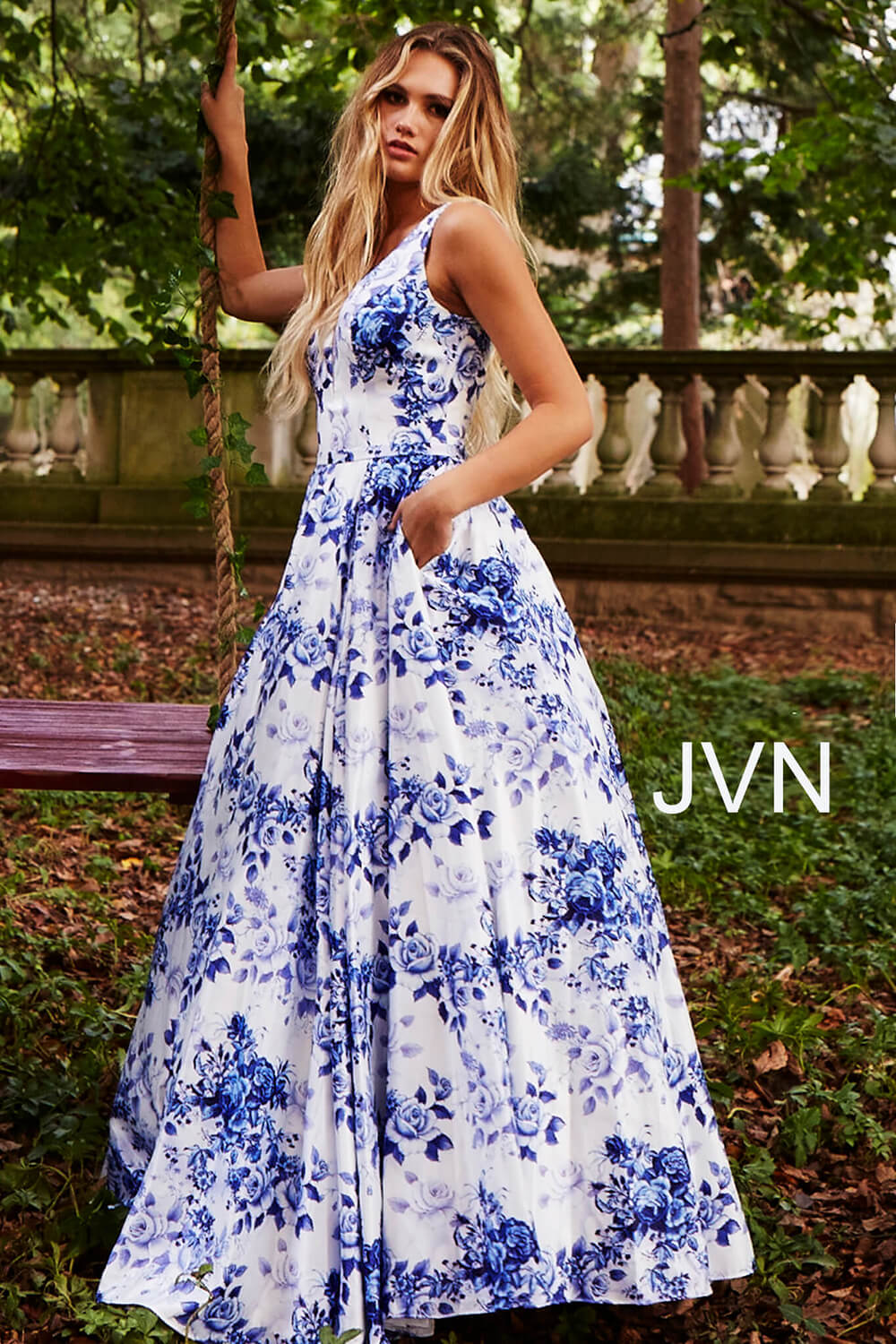 blue and white floral print dress