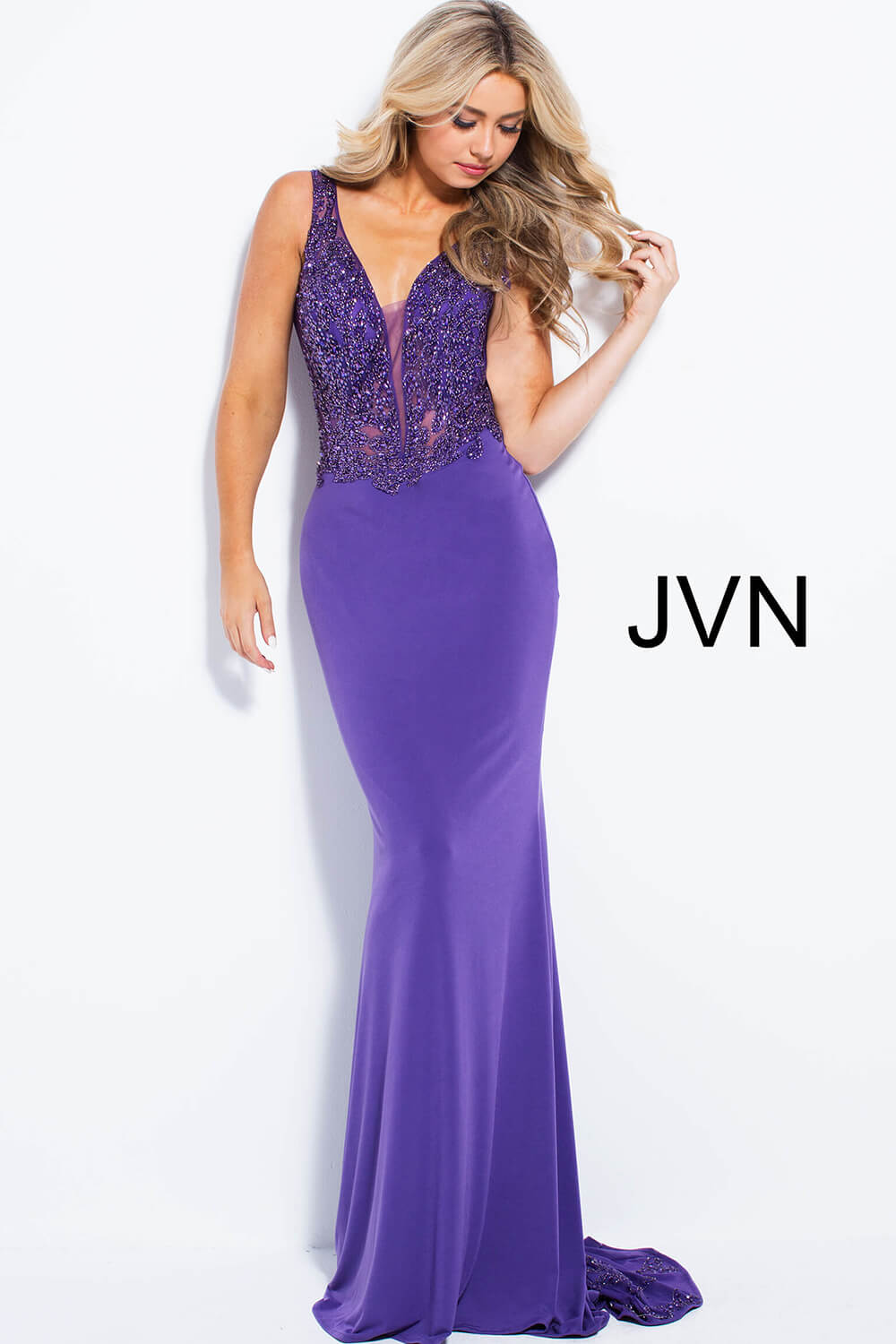Purple Waterfall Back Jersey Prom Dress