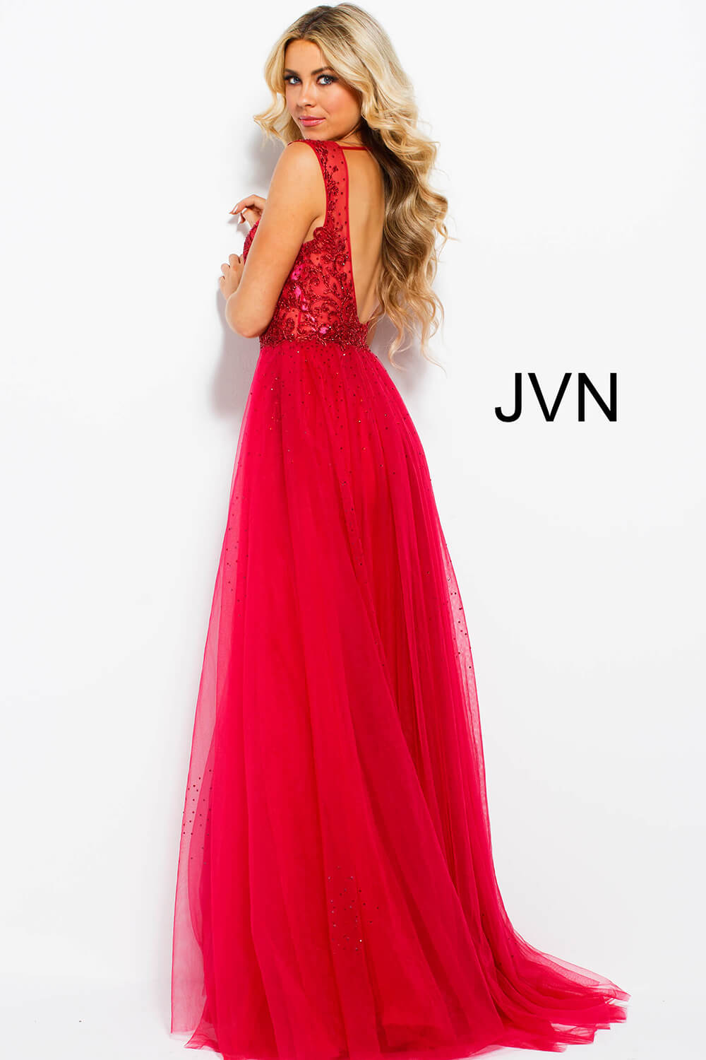 JVN41677 Dress | Plunging Neckline Column Dress with Tulle Overlay.