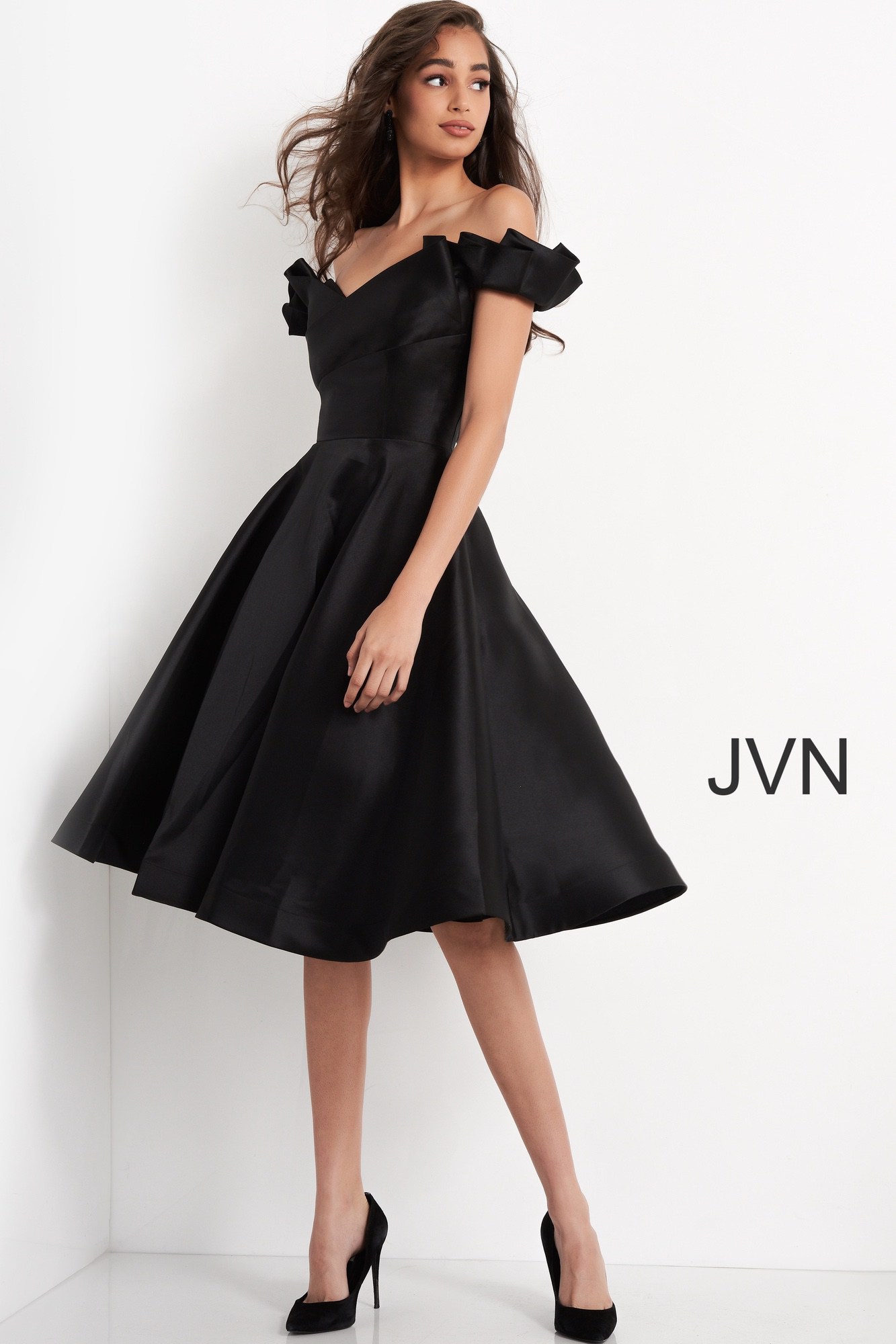 JVN04718 | Black Knee Length Off the Shoulder Dress