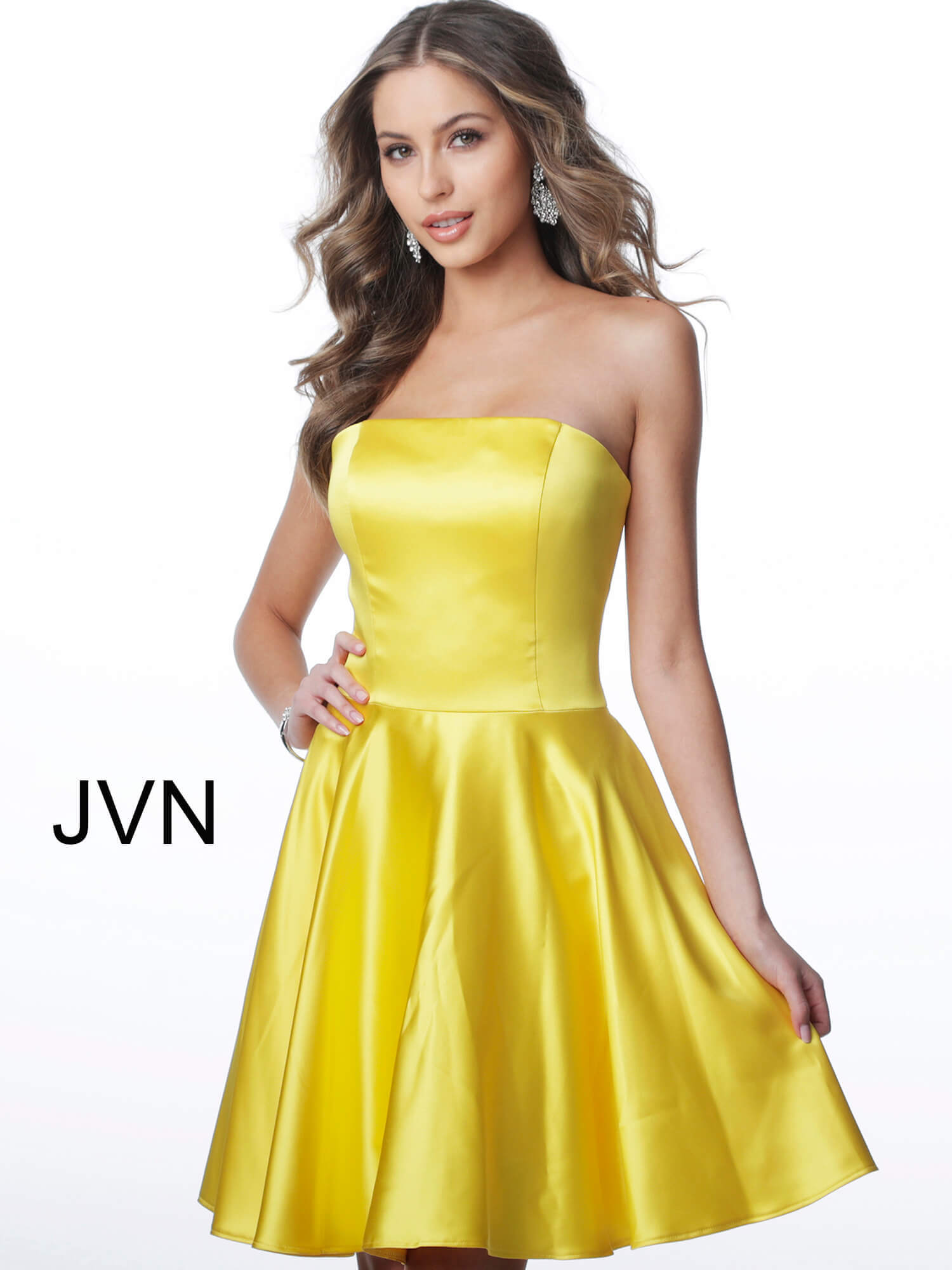 JVN1717 Dress Yellow short fit and flare straight neck cocktail dress