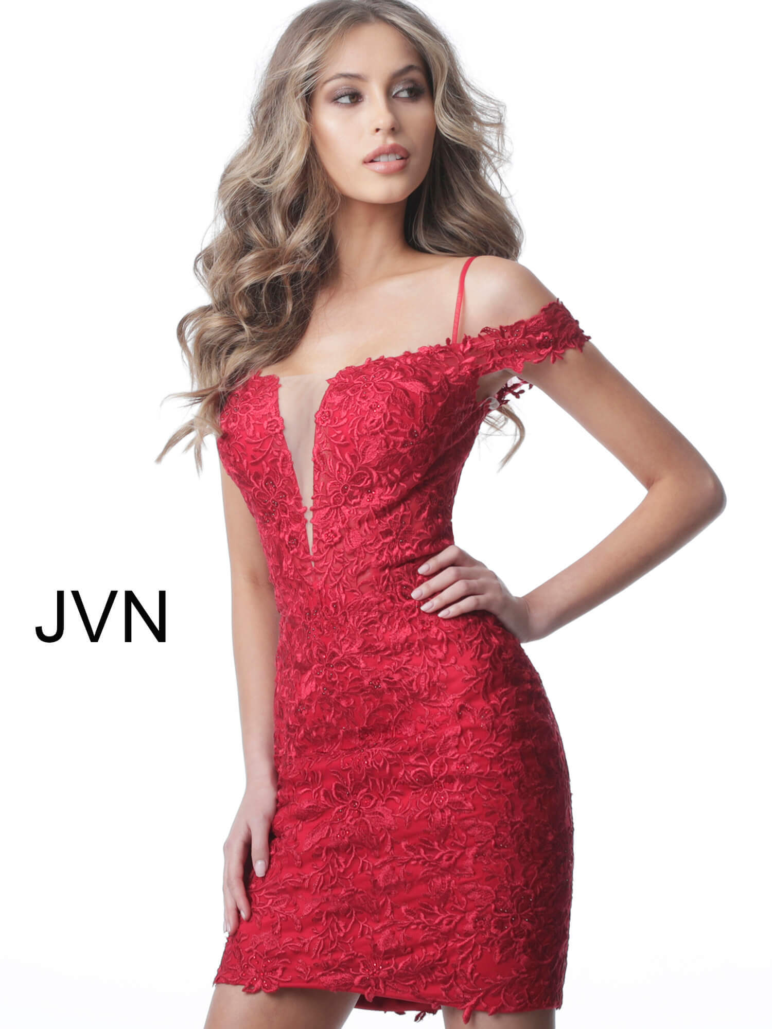 JVN2291 Dress Red short fitted floral lace illusion hoco dress