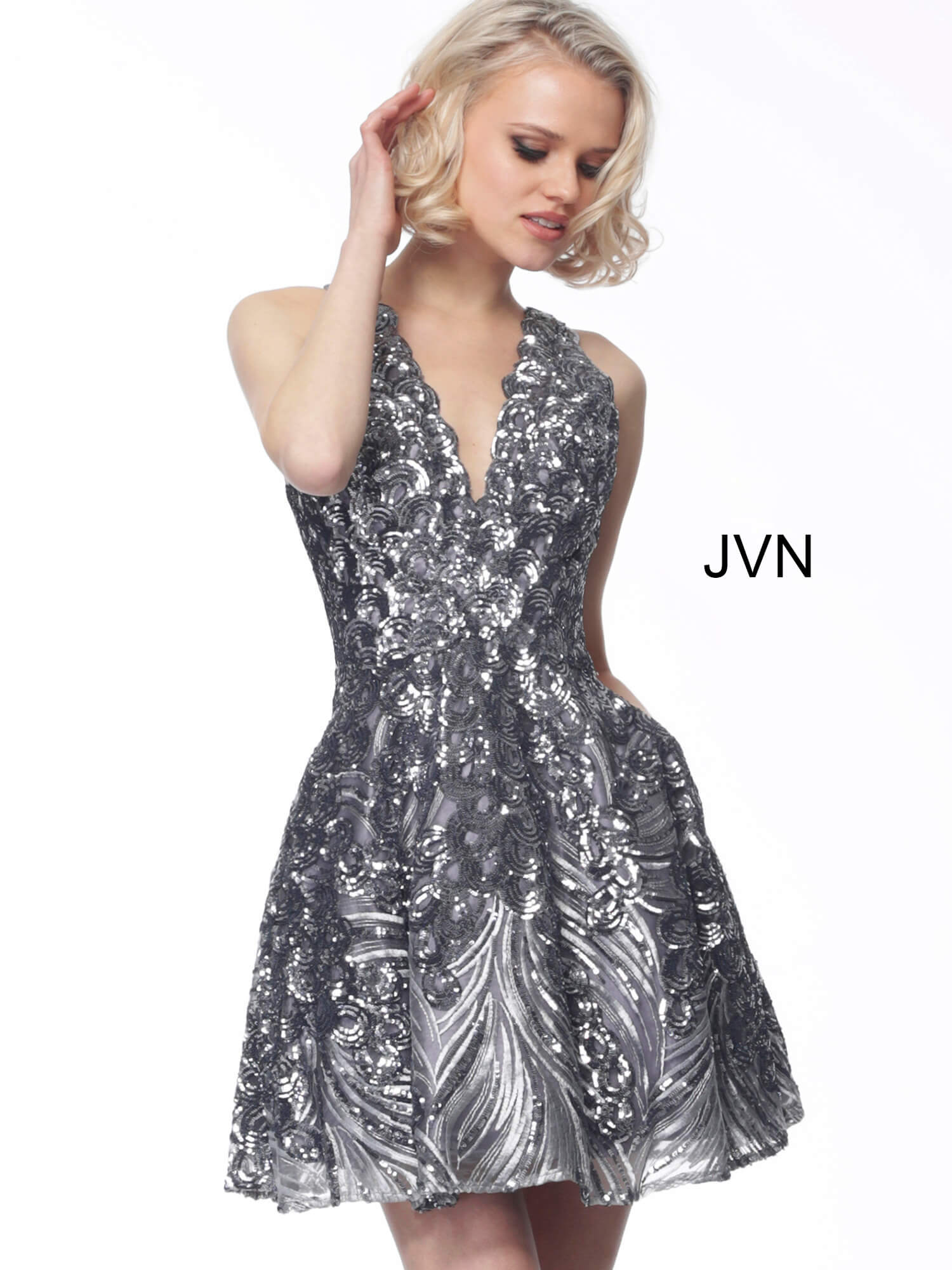 Jvn66654 Dress Gunmetal Short Fit And Flare Sequin Sleeveless Dress